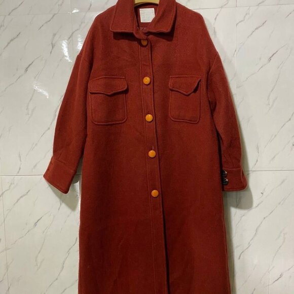 Rust Red Wool Long Coat with Button Front and Pockets - Picture 1 of 3